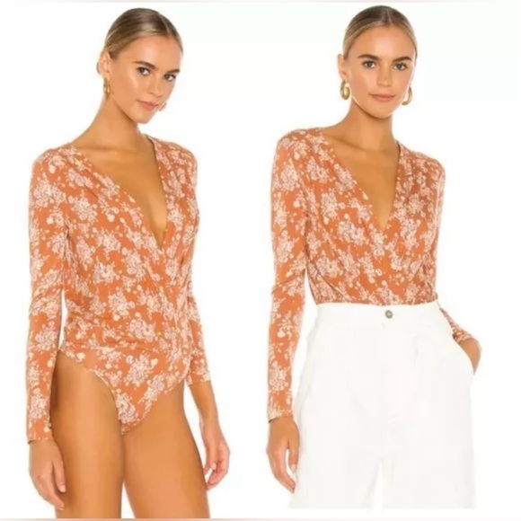 Free People Tops - NWOT Intimately Free People Floral‎ Long Sleeve Bodysuit Sz M Rust Brown Stretch